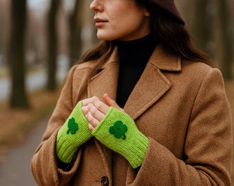 Knit Clover Fingerless Gloves: St. Patrick's Day Arm Warmers