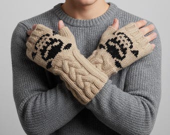 Skull Fingerless Gloves, Cable Knit Hand Warmers, Gothic Crochet Mittens, Alternative Winter Gift