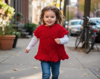 Cozy Sleeveless Winter Cardigan for Kids, Handmade Red Knitted Girl Vest