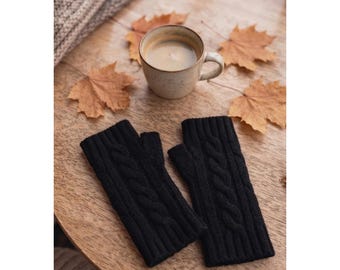 Cable Knit Fingerless Gloves, Touchscreen Friendly, Black Wrist Protectors