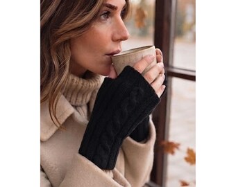 Cable Knit Fingerless Gloves,  Black Wrist Protectors, Unisex Computer Mittens, WFH Hand Covers