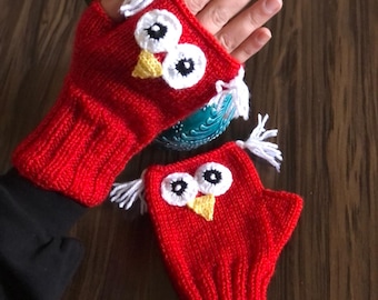 Owl Mittens for Adults and Kids, Stretchable Acrylic Warm Touchscreen Gloves for Holiday