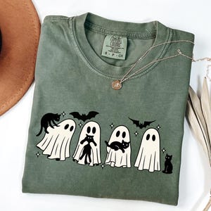 Halloween Black Cat & Ghost Comfort Colors Shirt, Halloween Ghost Tshirt, Spooky Season Cat Tee, Halloween Cute Women Outfit, Halloween Gift