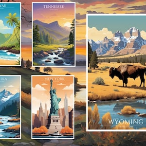 50 Vintage USA Prints, Travel Poster, Wall Decor, USA Art Poster Printable - Digital Download