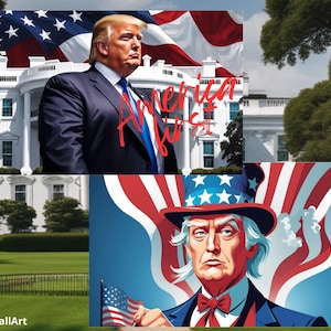 Peut inclure: Un collage d'images représentant la Maison-Blanche, le drapeau américain et un portrait d'un homme portant un chapeau haut de forme et un costume d'Oncle Sam. Le texte "America First" est superposé à l'image.