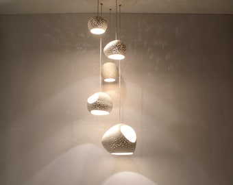 Claylight Cluster Five | Sculptural 5 Pendant Stairwell Light | High Ceiling Ceramic Chandelier