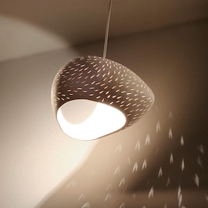 May include: A white ceramic pendant light fixture with a unique, organic shape and a pattern of small holes. The light casts a warm glow and creates interesting shadows on the wall.