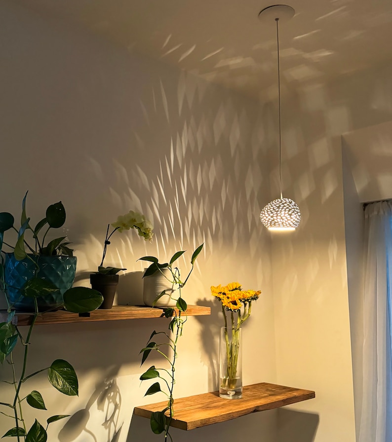 A 6 inch asymmetrical pendant light hangs in a corner. To the right there is a window, and to the left there are shelves adorned with house plants. Patterned projections dance on the nearby ceiling and walls. Below, there is bright direct task light.