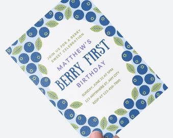 Berry First Blueberry Birthday Digital Invitation Printable Blueberry 1st Birthday Invite Berry Birthday Party Boy Editable Canva Template