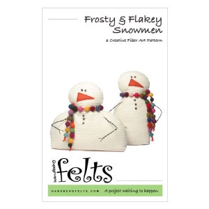 May include: A pattern for making two felt snowmen, one with a red and white scarf and the other with a multi-colored scarf. The pattern is called "Frosty & Flakey Snowmen" and is a Creative Fiber Art Pattern from HandMadeFelts.com.