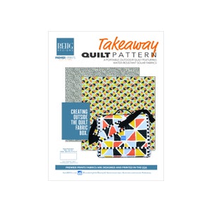 May include: A quilt pattern design featuring a portable outdoor quilt with water-resistant solar fabrics. The pattern is called "Takeaway" and is designed by Behg Designs. The quilt is shown in a black bag with a colorful geometric pattern.