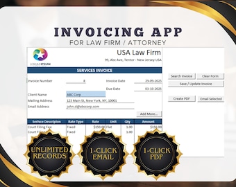 Puede incluir: Una plantilla de factura digital para despachos de abogados. La factura incluye campos para la información del cliente, descripciones de servicios e importes. Incluye "Registros ilimitados", "1-clic Email" y "1-clic PDF".