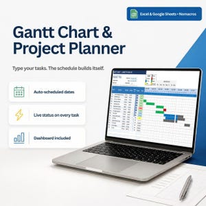 Peut inclure: Un ordinateur portable argenté affichant un tableur de diagramme de Gantt et de planification de projet. Le texte indique : Gantt Chart & Project Planner, Type your tasks. The schedule builds itself, Auto-scheduled dates, Live status on every task, Dashboard included.