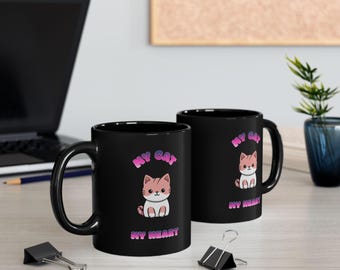 Cat Lover Mug - My Cat My Heart - Cute Black Coffee Cup for Pet Lovers, Gifts for Cat Owners, Birthday, Anniversary, Cat Mom Or Dad Gift