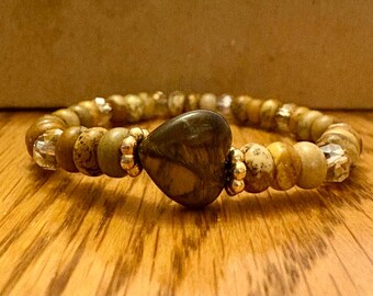 Tiger's Eye & Picture Jasper Heart Bracelet: Dainty Layering Gemstone