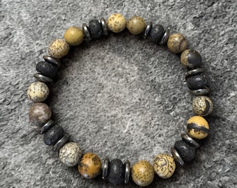 Men's Black Lava, Jasper & Hematite Beaded Bracelet