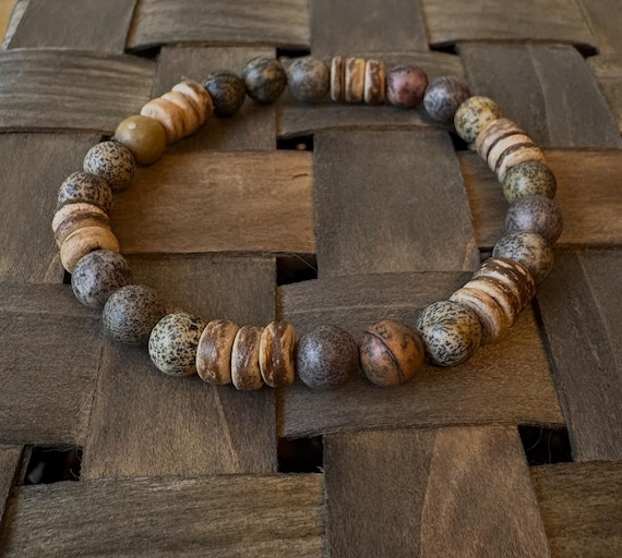Bohemian Jasper & Coconut Shell Beaded Bracelet: Men's Stacking Jewelry