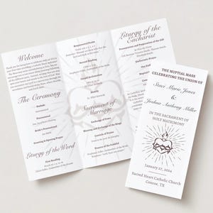 May include: A wedding ceremony programme with a white background and brown text. The programme includes the order of service, the names of the bride and groom, and the date and location of the wedding. The programme also features a graphic of a heart with thorns.