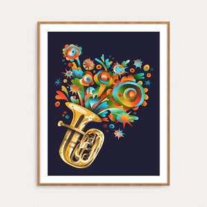 May include: A colorful illustration of a tuba with musical notes and abstract shapes bursting from the bell. The artwork features a gold tuba against a dark blue background, with vibrant orange, green, and blue accents. The image is framed in a wooden frame.