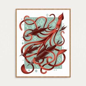 Giant Squid Print Archival Digital Art Print Giclée Whimsical Underwater Sea Creatures 8x10, 11x14, or 16x20 image 1