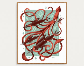 Giant Squid Print  •  Archival Digital Art Print Giclée  •  Whimsical Underwater Sea Creatures  •  8x10, 11x14, or 16x20