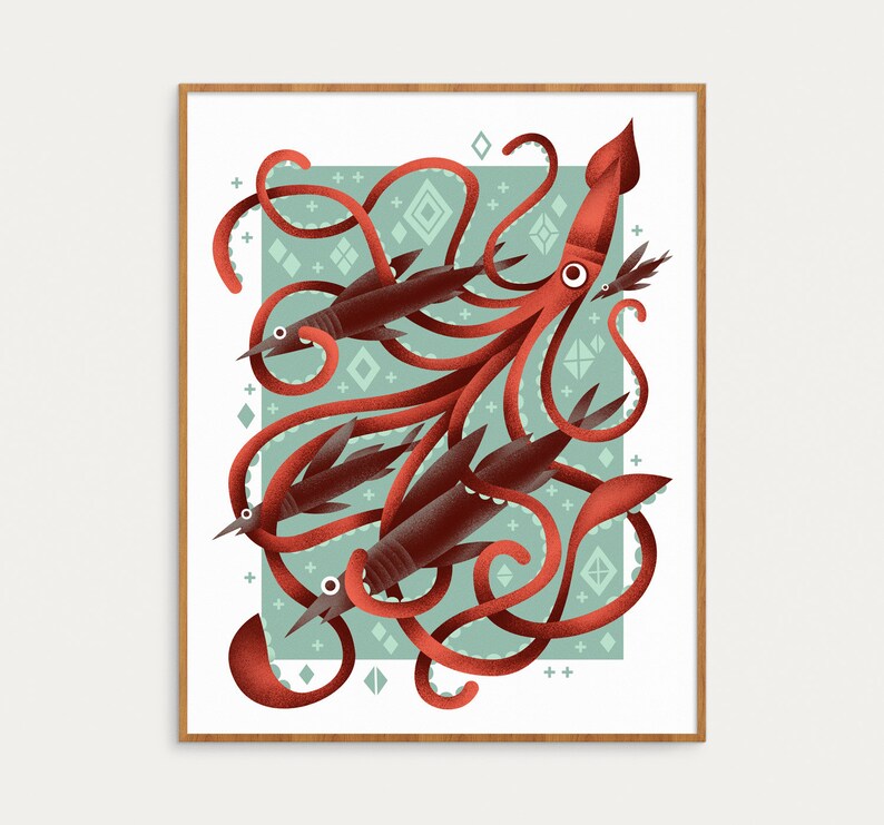 Giant Squid Print Archival Digital Art Print Giclée Whimsical Underwater Sea Creatures 8x10, 11x14, or 16x20 image 1