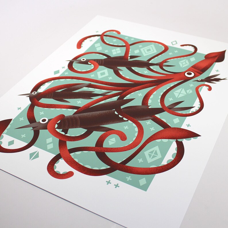 Giant Squid Print Archival Digital Art Print Giclée Whimsical Underwater Sea Creatures 8x10, 11x14, or 16x20 image 2