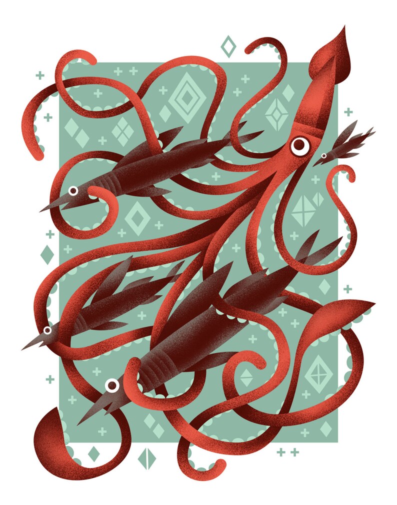 Giant Squid Print Archival Digital Art Print Giclée Whimsical Underwater Sea Creatures 8x10, 11x14, or 16x20 image 6