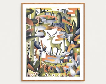 Deer In The Neighborhood  •  Archival Digital Art Print Giclée  •  Nature Village With Plants and Animals  •  8x10, 11x14, or 16x20