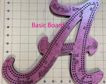 Sports Script “A”  Shaped Alabama Themed Cribbage Board