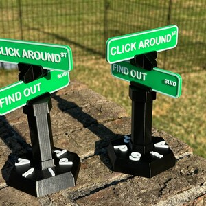 Op de afbeelding: Twee zwarte en groene straatnaambord-spinners met de woorden "Click Around St" en "Find Out Blvd" erop. De spinners staan op een zwarte zeshoekige basis met witte letters.