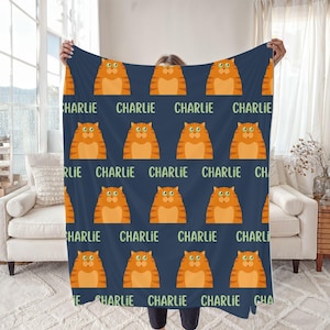 Personalized Ginger Cat Blanket, Custom Orange Marmalade Tabby Kitten Sherpa Blanket or Velveteen Plush Fleece Throw Customized Name Bedding
