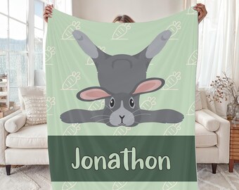 Personalized Bunny Blanket, Kids Rabbit Throw with Name, Cute Cartoon Bunny Bedding for Boys or Girls Bedroom, Velveteen or Sherpa Fleece