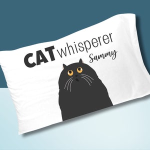 PERSONALIZED BLACK Tabby Cat Decor Pillow Case Pillowcase, Customized Longhair Kitten Kitty Cute Mom Lover Whisperer Pet Owner Bedding
