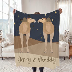 Personalized Camel Blanket Throw, Custom Camels Bedding for Couples, Kids Bedroom, Desert Lover Decor, Velveteen Plush or Sherpa Fleece