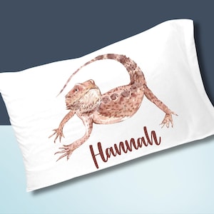 PERSONALIZED BEARDED DRAGON Pillowcase, Custom Beardie Pillow Case Bedding with name, Watercolor Lizard, Desert, Bedroom Decor Herpetologist