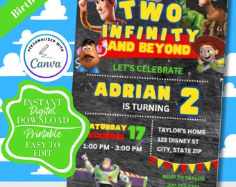 Aanpasbare twee: Infinity and Beyond, Toy Story-sjabloon verjaardagsuitnodiging 2e verjaardag