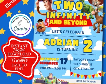Aanpasbare twee: Infinity and Beyond, Toy Story-sjabloon verjaardagsuitnodiging 2e verjaardag