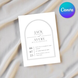 Minimalist Arch Wedding Invitation Digital Template, Black and White, Simplistic Printable Wedding Invitation, Editable Through Canva
