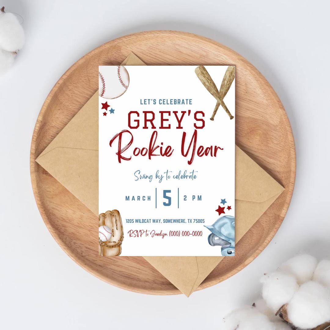 Rookie Year First Birthday Invitation – Baseball Theme, Customizable ...