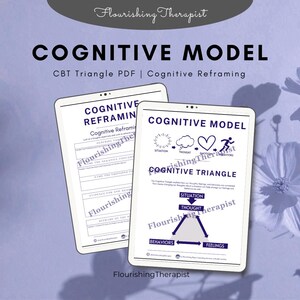 May include: Two digital worksheets titled "Cognitive Model" and "Cognitive Reframing" are shown. The "Cognitive Model" worksheet features a diagram of a cognitive triangle. The text "Flourishing Therapist" is visible on both worksheets.