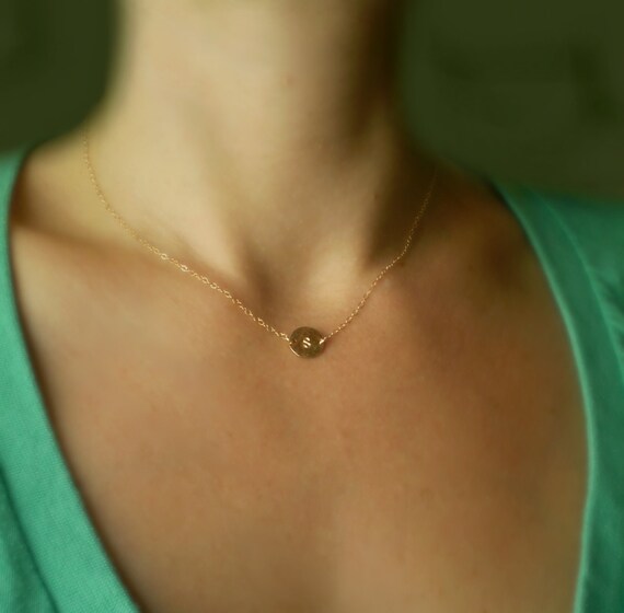Tiny Hammered Initial Necklace - Simple Hammered Tiny Initial Disc on Delicate Chain