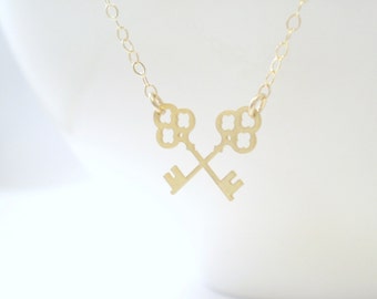 Crossed Skeleton Key Necklace, Key Necklace, Crossed Key, Skeleton Key Charm