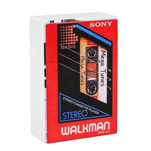 May include: A red and white Sony Walkman WM-23 stereo cassette player. The player has a retro design with the words "Mega Tunes" and "Stereo" on the front. The text "It's a Sony" is also visible.