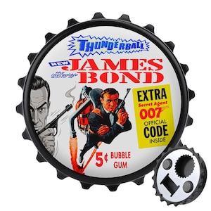 May include: A black bottle cap featuring a James Bond "Thunderball" design with the text "EXTRA Secret Agent 007 OFFICIAL CODE INSIDE". The cap has a black edge and a separate bottle opener.