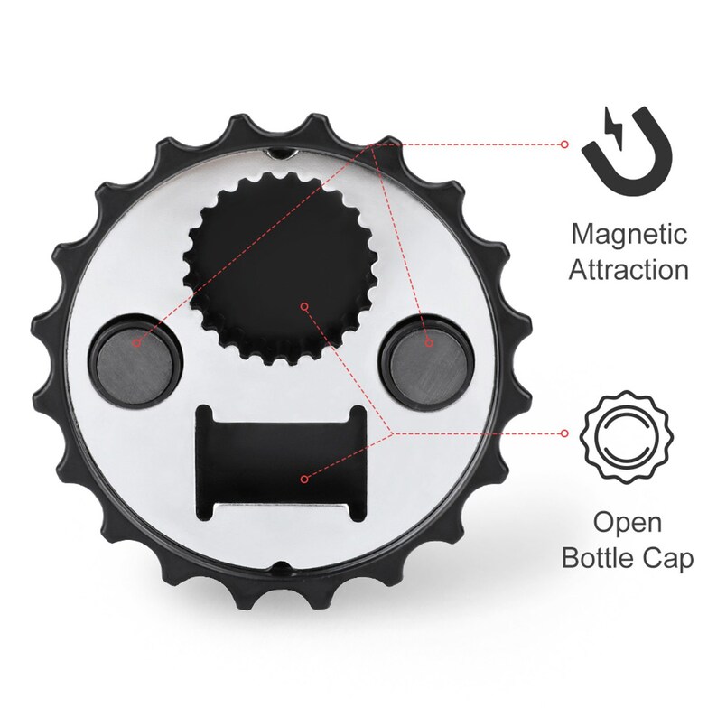 May include: A black and silver bottle opener with a magnetic attraction feature. The opener has a gear-like edge and a central opening for removing bottle caps. The design includes two magnets and the words "Open Bottle Cap".