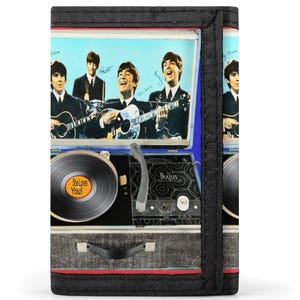BEATLES 1964 Phonograph Neue Geldbörse | Tri-Fold Design und versteckter Schlüsselring | Unikat Beatle Plattenspieler Ad