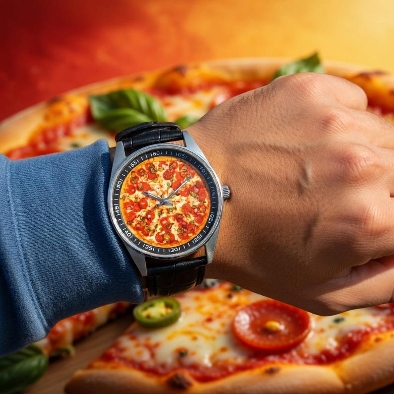 May include: A stainless steel wristwatch with a black leather band. The watch face features a pepperoni pizza design. The background includes a pizza and ingredients, with a blue sleeve in the foreground.