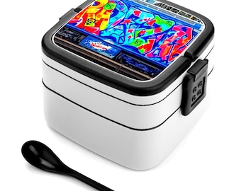 Scatola portaoggetti Bento Box con grafica Graffiti Train e scritta NYC / 2 scomparti separati, include cucchiaio / Design urbano anni '70