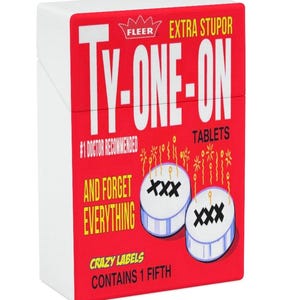 May include: A red and white box with the text "TY-ONE-ON" in large white letters. The box also features the text "#1 DOCTOR RECOMMENDED AND FORGET EVERYTHING" and two pill illustrations with "XXX" on them. The box is labeled "CRAZY LABELS CONTAINS 1 FIFTH".